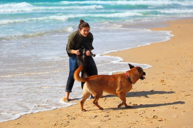 Sahilde köpeklerini ile oynayan genç kız
