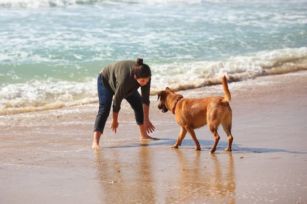 Adolescente Menina Com Seu Cão Praia — Fotografia de Stock