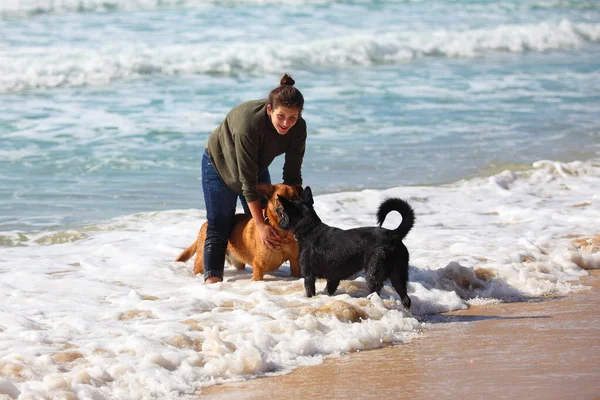Adolescente Brincando Com Seus Cães Praia — Fotografia de Stock