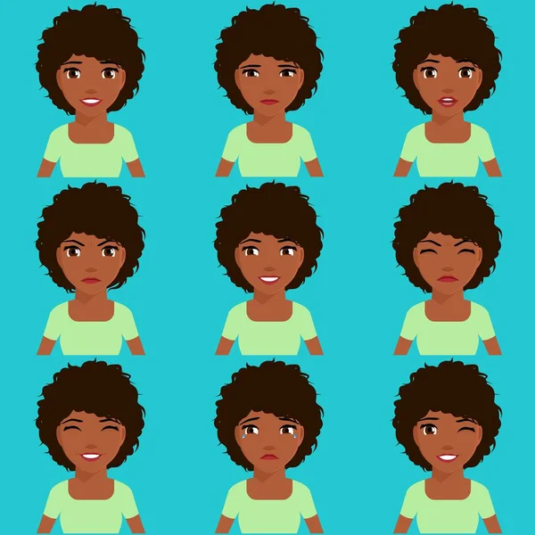 Chica afroamericana expresa emociones — Vector de stock