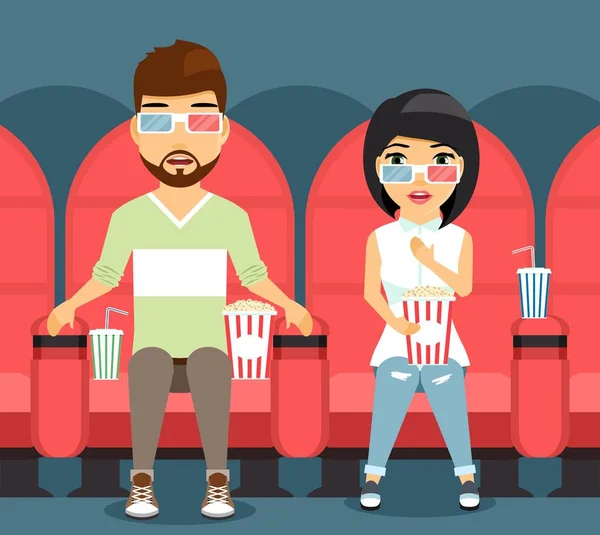 Young couple watching a horror film in a movie theater — Stock Vector