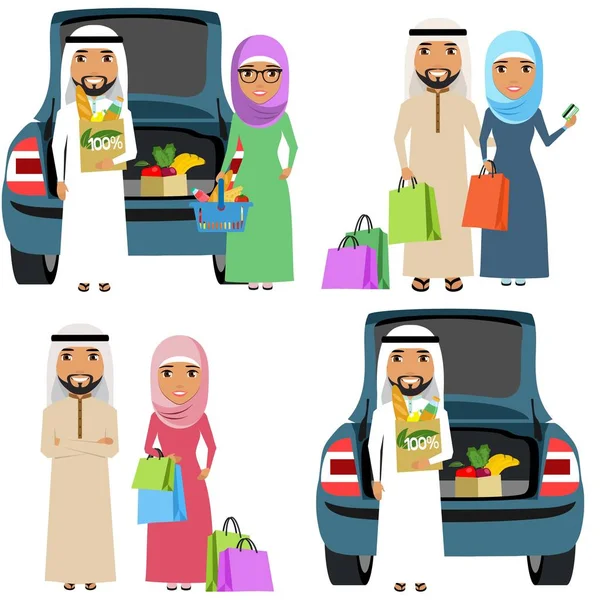 Jeune famille d'Arabes ethniques faire des achats — Image vectorielle