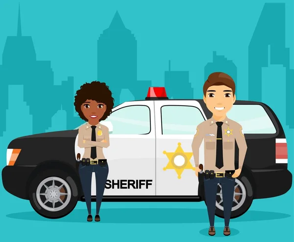 Sheriff y su compañero de pie cerca de un jeep de la policía en el fondo de la ciudad . — Vector de stock