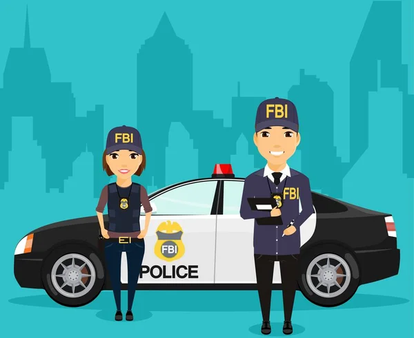 Employees of the Federal Bureau of Investigation stand near office car. — Stock Vector