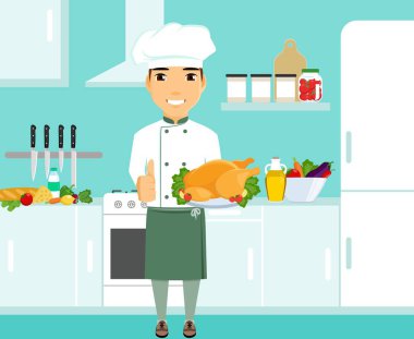 Şef bitmiş çanak elinde tutan bir çalışma formunda,