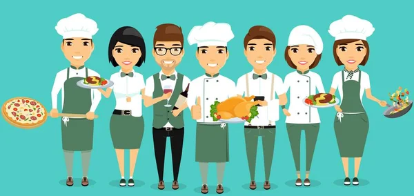 The team of the restaurant workers stand side by side with each other. — Stock Vector