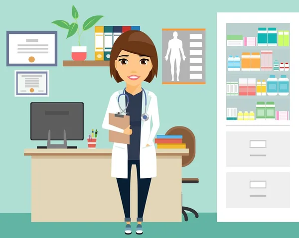 Young woman doctor standing in his office. — Stock Vector