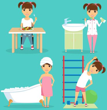 Banyo, yemek, egzersizleri yapıyor, dişlerini fırçalama küçük kız.