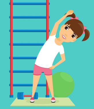 Küçük kızı spor salonunda spor egzersizleri yapıyor.