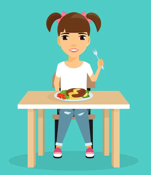 Kislány eszik ül az asztalnál. — Stock Vector