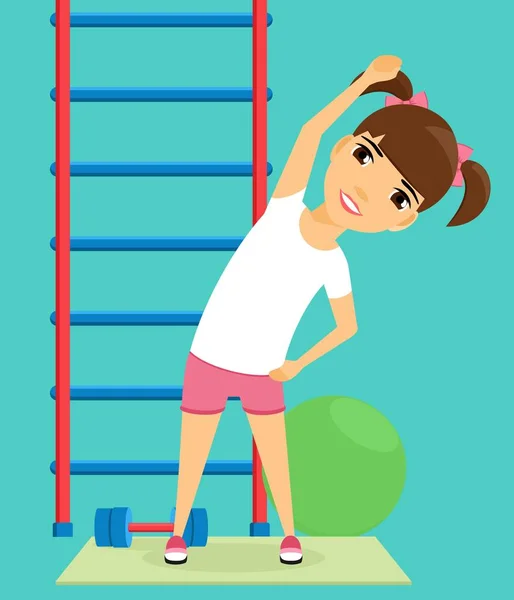 Niña haciendo ejercicios deportivos en el gimnasio . — Vector de stock