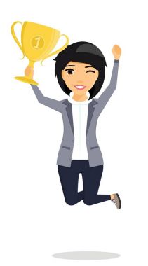 Bir genç, sevimli kız elinde kupa ile sevinç için atlama