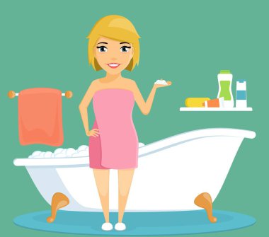 Genç kız banyoda. Kabarcıklar ile banyo.