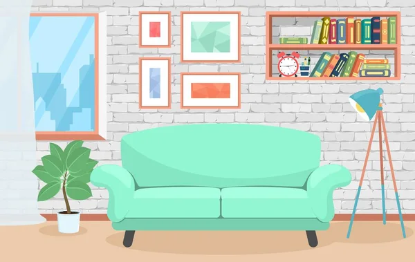 Sala de estar interior. Quarto com sofá, estantes, pinturas, flores . —  Vetores de Stock