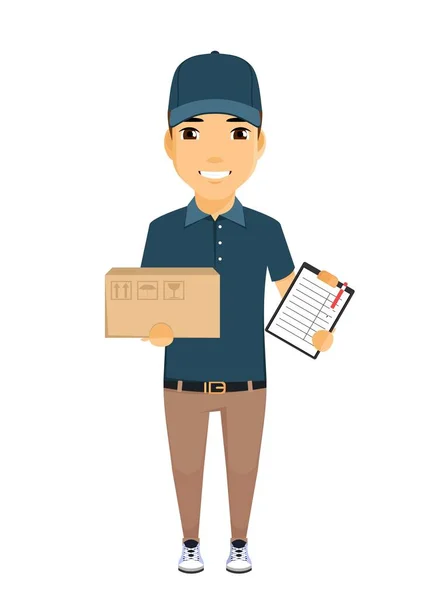 Cartero Con Paquete Mano Joven Dedicado Entrega Correo Uniforme Trabajo — Vector de stock