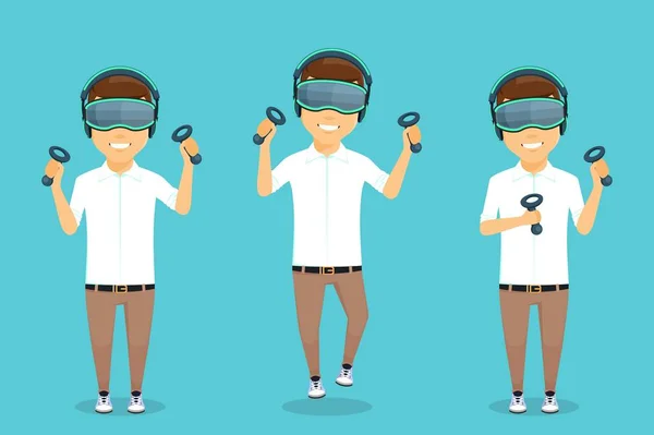 眼鏡仮想現実と若い男 バーチャルリアリティの概念 さまざまなポーズで男 で青の背景にあるフラット スタイル — ストックベクタ