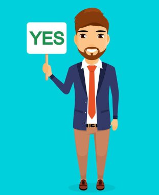 İş kavramı. Bir işaret sözcüğü el iş takım elbiseli bir adam Evet. İş duygular. Düz tarzında. Çizgi film.