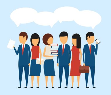 İş kavramı. Basit bir tarzda. Profesyonel iş takım iletişimde. Konuşma balonları. Mavi arka plan üzerinde düz stil.