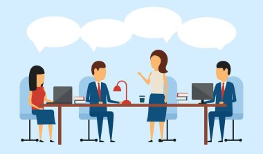 İş kavramı. Basit bir tarzda. Tartışma ve çözüm iş sorunları toplantısı. Konuşma balonları. Mavi arka plan üzerinde düz stil.