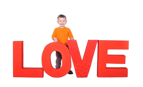 Niño Con Numerosas Letras Amor Sobre Fondo Blanco — Foto de Stock