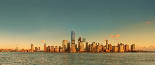 Manhattan skyline panorama at sunset , New York City