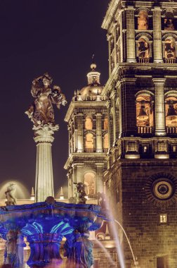Puebla Cathedral at night clipart