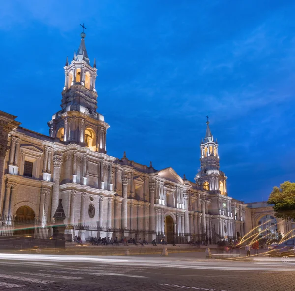 Arequipa Peru Apr 2015 Kathedraal Van Arequipa Peru Avonds — Stockfoto