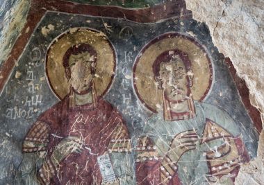 Kapadokya - 25 Nisan 2016: Yok edilen iç erken ortodox Hıristiyan fresk Ihlara Vadisi Kapadokya, Orta Anadolu, Türkiye ile Saint George Kilisesi