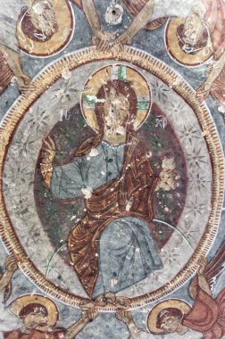 Kapadokya - 25 Nisan 2016: Yok edilen iç erken ortodox Hıristiyan fresk Ihlara Vadisi Kapadokya, Orta Anadolu, Türkiye ile Saint George Kilisesi