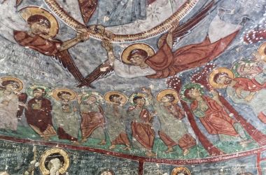 Kapadokya - 25 Nisan 2016: Yok edilen iç erken ortodox Hıristiyan fresk Ihlara Vadisi Kapadokya, Orta Anadolu, Türkiye ile Saint George Kilisesi