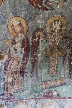 Kapadokya - 25 Nisan 2016: Yok edilen iç erken ortodox Hıristiyan fresk Ihlara Vadisi Kapadokya, Orta Anadolu, Türkiye ile Saint George Kilisesi