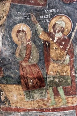 Kapadokya - 25 Nisan 2016: Yok edilen iç erken ortodox Hıristiyan fresk Ihlara Vadisi Kapadokya, Orta Anadolu, Türkiye ile Saint George Kilisesi