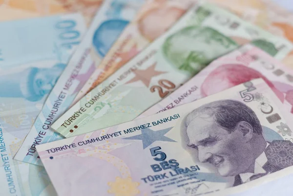 Turkse Lirabankbiljetten Close Van Geld Achtergrond — Stockfoto