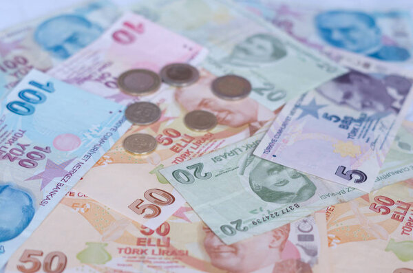 Turkish lira banknotes. close up money background