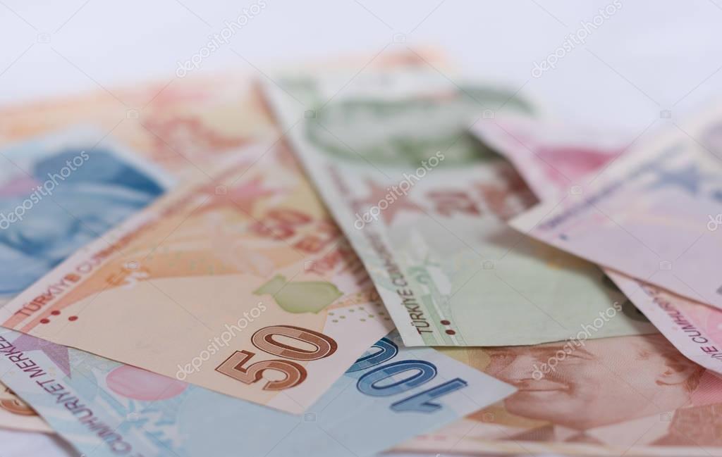 Turkish lira banknotes. close up money background