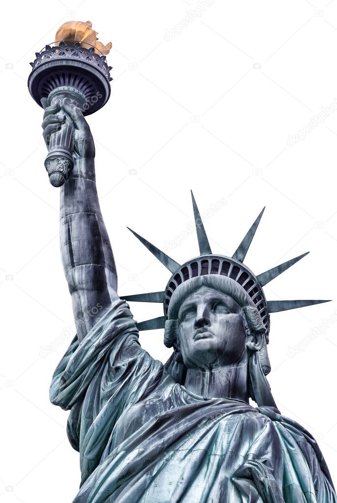 Statue of Liberty in New York City isolated on white background.