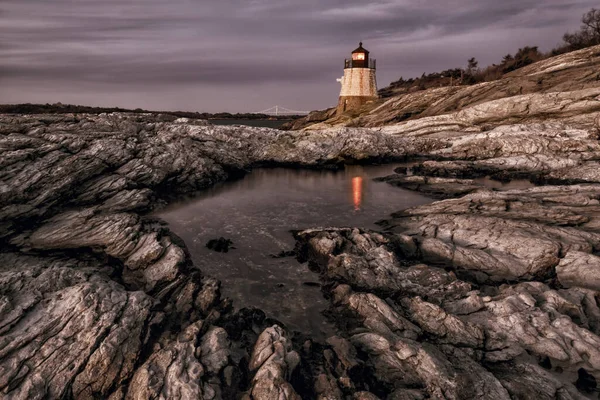 Alter Leuchtturm Bei Sonnenuntergang Burgberg Newport Rhode Island — Stockfoto