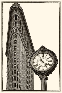 Fifth Avenue Clock with the Flatiron Building. New York City. Retro postcard clipart