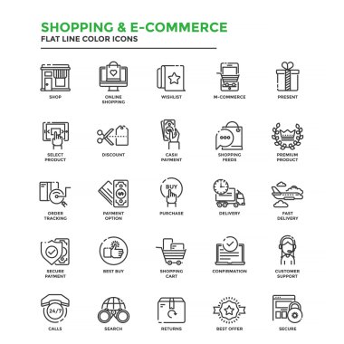 Düz çizgi renk simgeleri-alışveriş ve E ticaret