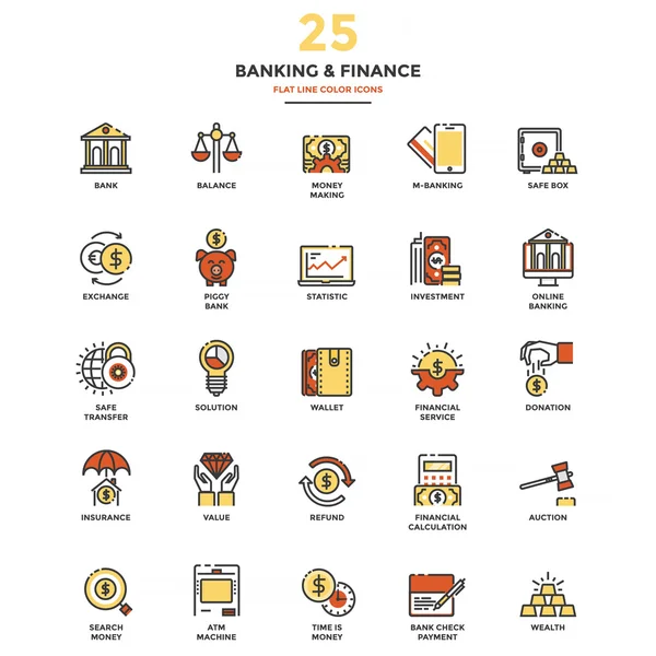 Сучасна плоска лінія Кольорові іконки банківська та фінансова — стоковий вектор