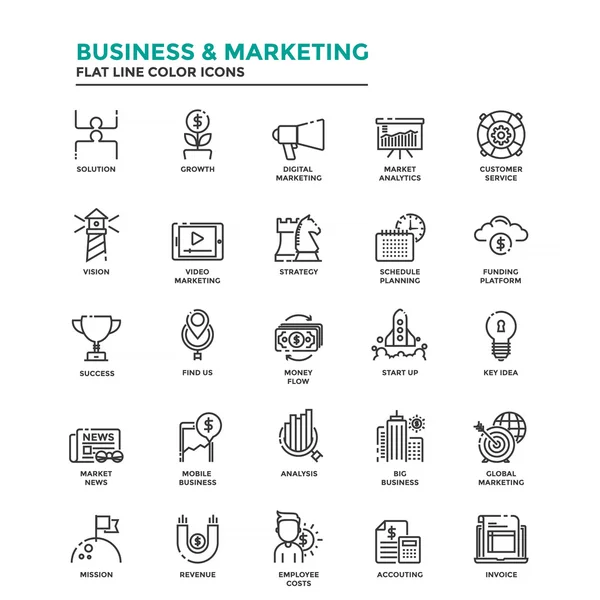 Platte lijn kleur pictogrammen-Business en Marketing — Stockvector