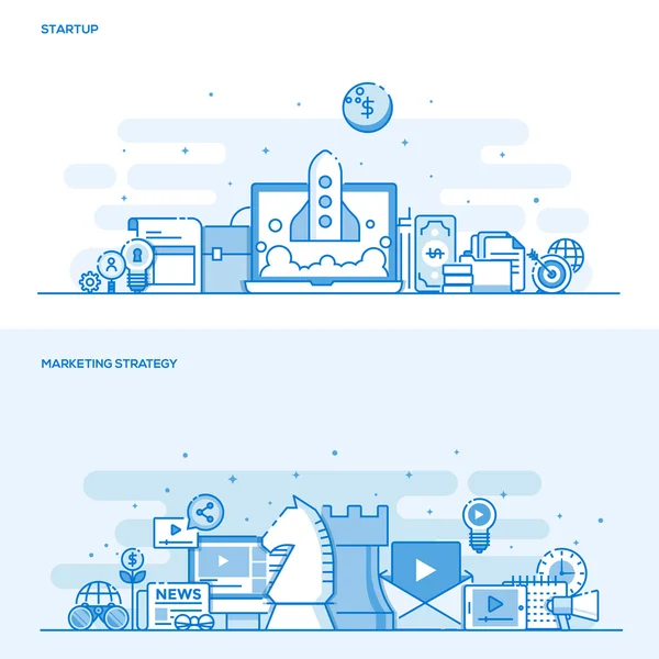 Концепция плоской линии цвета - стартап и маркетинговая стратегия — стоковый вектор