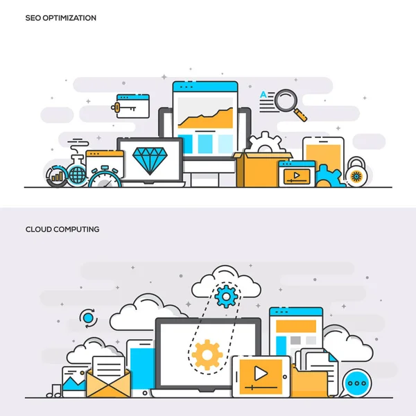 Concepto de color de línea plana: Seo y Cloud computing-Color — Vector de stock