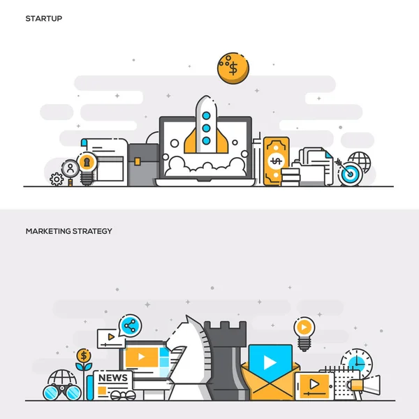 Concepto de color de línea plana - Startup y Estrategia de Marketing-Color — Archivo Imágenes Vectoriales