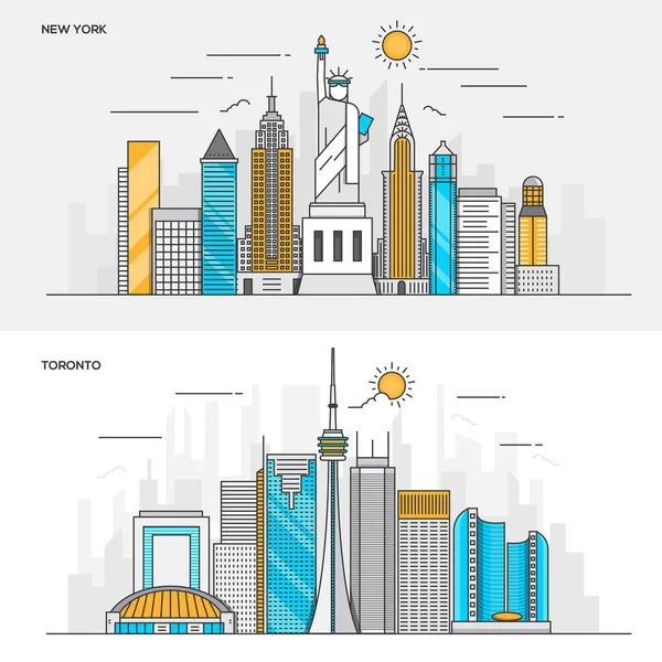 Rovná čára barevný koncept - New York a Toronto — Stockový vektor