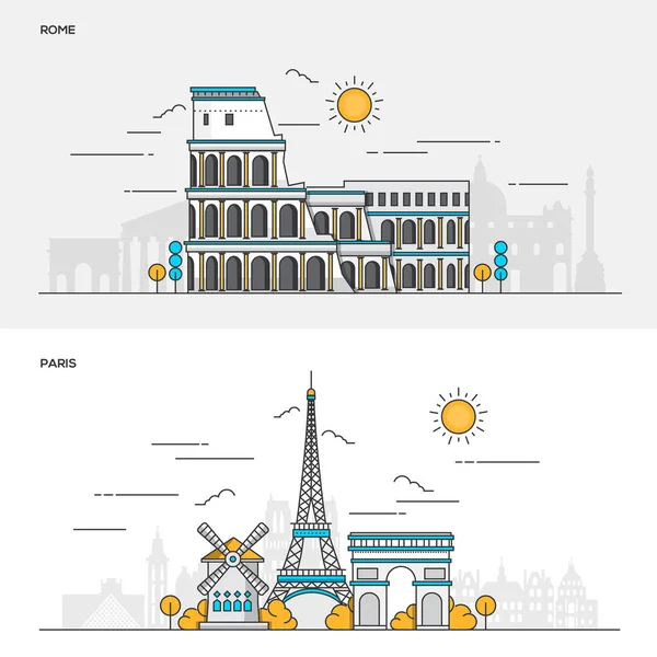Płaska linia kolor koncepcja Rzym i Paryż — Wektor stockowy