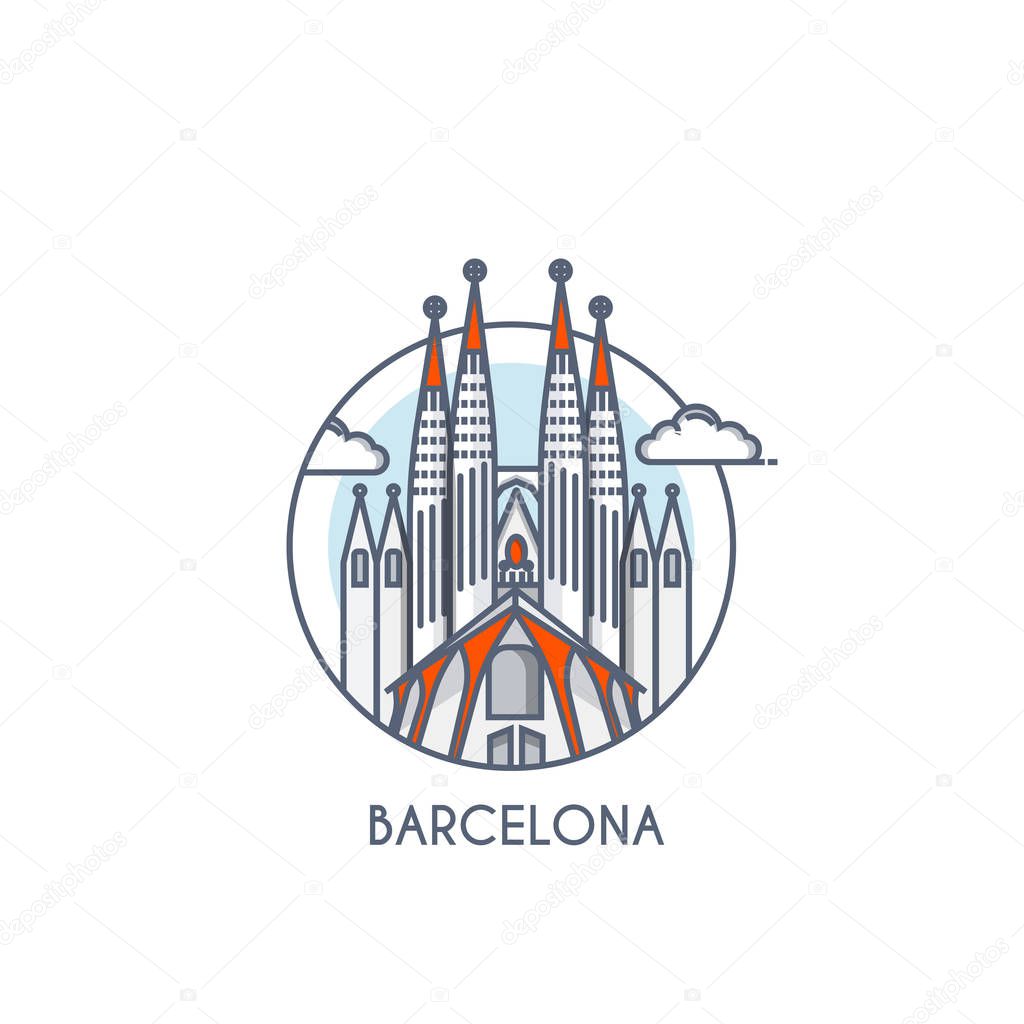 Barcelona City Flat Line Color Icon With Caption City Logo Landmark Vector Symbol Sagrada Familia Vector Illustration Isolated On White Background Premium Vector In Adobe Illustrator Ai Ai Format