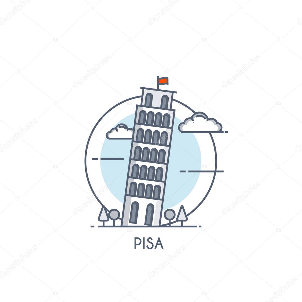 Pisa flat line color icon with caption. City logo, landmark, vector symbol. Leaning Tower of Pisa. Vector Illustration isolated on white background.