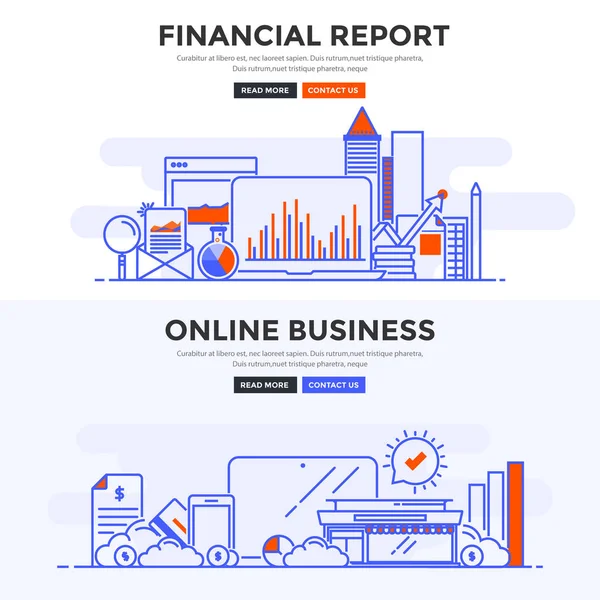 Banner conceito de design plano - Relatório Financeiro e Negócios Online — Vetor de Stock