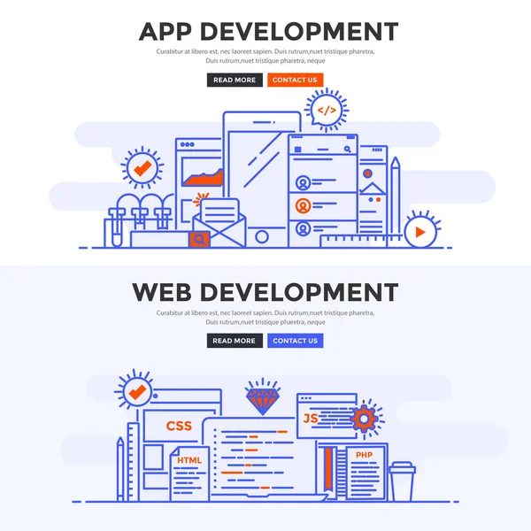 Banner de concepto de diseño plano - Desarrollo de aplicaciones y desarrollo web — Archivo Imágenes Vectoriales